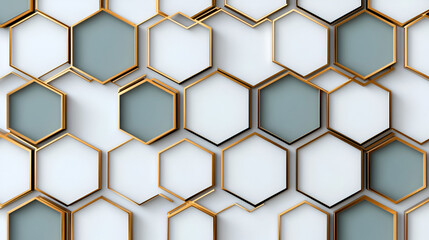 Abstract seamless pattern with square hexagon tile and cube grid mosaic honeycomb diamond triangle structure shape isometric gold line block wallpaper.