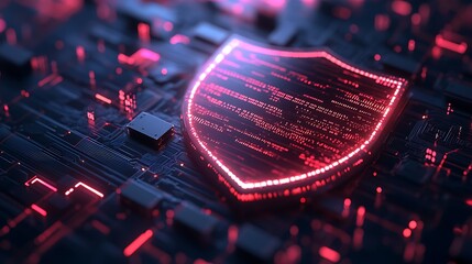 A close-up of a digital shield surrounded by lines of code and circuit patterns, symbolizing cyber security. The background features a subtle glow, adding a sense of depth and complexity to