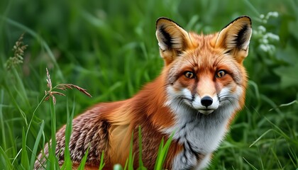 Vibrant red fox perched gracefully amidst lush green grass