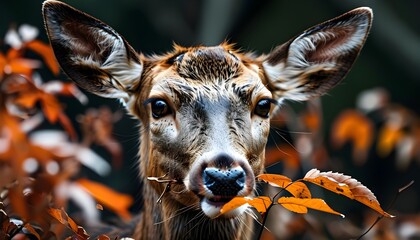 Majestic red deer stag gracefully munching on fresh green leaves in a serene forest setting