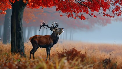 Wall Mural - Majestic red deer stag in a misty autumn landscape