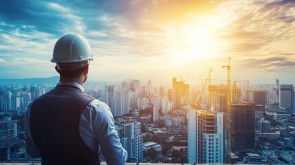 Architect Looking At City Skyline Construction Project Sunset