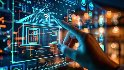 Leinwandbilder - A hand reaches out to interact with a glowing digital blueprint of a house design, highlighting an innovative approach to modern architecture and technology.