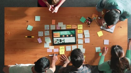 Wall Mural - Top view of business people working together to design web design. Aerial view of designer brainstorming and discussing about website interface and looking at tablet with digital design. Symposium.