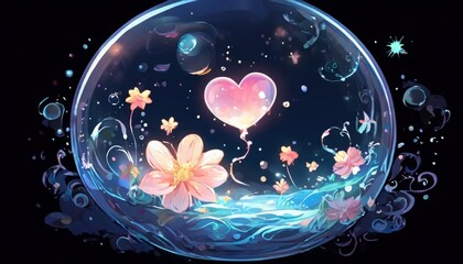 Wall Mural - A magical heart-shaped balloon glows amidst a dreamy floral scene, with delicate flowers floating inside a transparent bubble. The image evokes a sense of peace, fantasy, and whimsy.