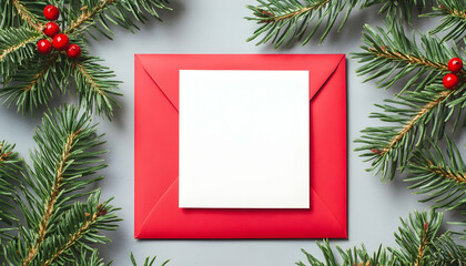 Wall Mural - Blank white card with red paper envelope Christmas card template mock up.  