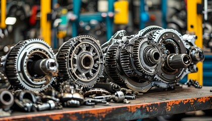 Intricate Detail of Disassembled Automatic Transmission Gear Part on Workbench in Garage for Maintenance and Repair