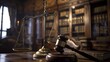 © decorator - Artistic representation of a justice icon featuring a prominent gavel on a wooden desk