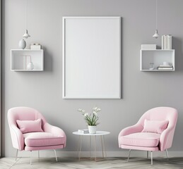 Modern minimalist interior design with two pink armchairs and a blank white poster frame on a gray wall. Perfect mockup for showcasing artwork or photography.