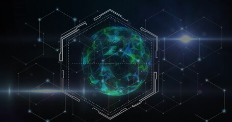 Wall Mural - image of shapes and light spots over globe with network of connections on black background