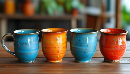 Vibrant ceramic cups displayed on a rustic wooden table