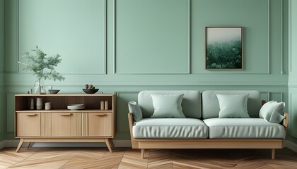 Relaxing interior featuring a green mint wall, stylish sofa, and elegant sideboard on a warm wood floor