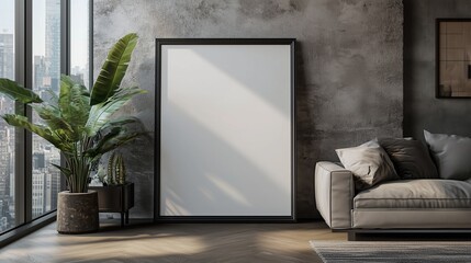 Canvas Print - Modern living room with empty frame and indoor plants overlooking a city skyline during daylight