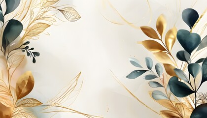 Wall Mural - Luxurious Abstract Art Background Featuring Golden Line Art Flowers, Botanical Leaves, and Organic Watercolor Shapes for Modern Banners and Posters