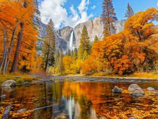 Wall Mural - A beautiful autumn scene with a waterfall and a river. The water is calm and the trees are full of leaves