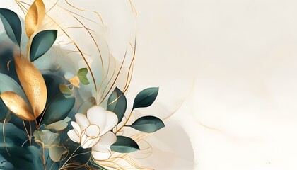 Wall Mural - Luxurious Abstract Art Background Featuring Golden Line Art Flowers, Botanical Leaves, and Organic Watercolor Shapes for Modern Banners and Posters