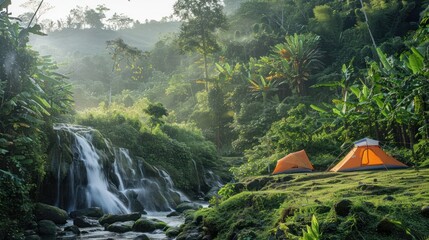 Poster - Camping by the Waterfall