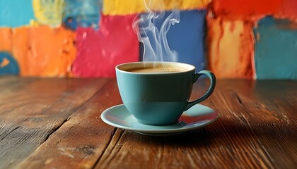 Wall Mural - Vibrant Coffee Moment with Steaming Mug on Rustic Wood Table Against Bold Colorful Wall