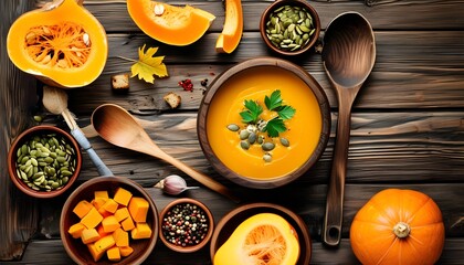 Wall Mural - Autumn-inspired pumpkin soup with vibrant vegetarian ingredients and rustic kitchen utensils on a wooden surface, celebrating healthy vegan cuisine