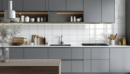 Canvas Print - Contemporary kitchen countertop featuring a sleek grey cabinet design, ideal for showcasing household products against a backdrop of white ceramic wall tiles.