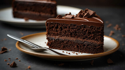 Chocolate cake slice on plate background