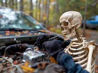 Sticker - A skeleton is sitting in a car engine and fixing it. The scene is eerie and unsettling, as skeletons are typically associated with death and the afterlife