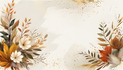 Elegant autumn watercolor backdrop with gold accents featuring intricate floral and botanical leaf designs for stylish decor and invitations.