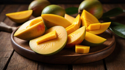 Wall Mural - Fresh mango slices on wooden platter background