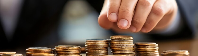 Hand Adding Coin To Stack Of Gold Coins  Financial Growth  Savings  Investment Concept