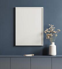 Minimalist interior design with white empty frame mockup on blue wall.