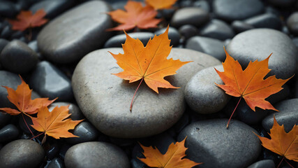 Maple leaf resting on smooth rock background