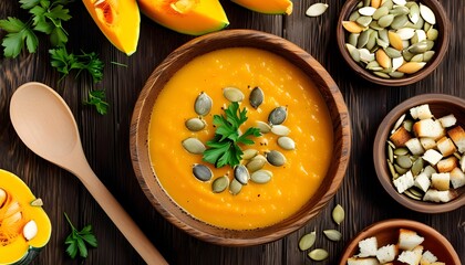 Wall Mural - Autumn-inspired pumpkin soup with vibrant vegetarian ingredients and rustic kitchen utensils on a wooden surface, celebrating healthy vegan cuisine