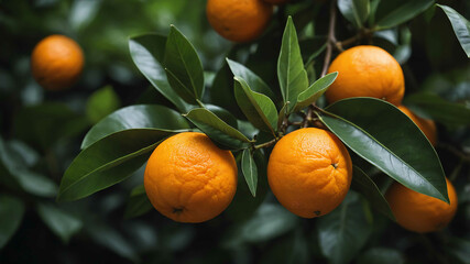 Orange fruit among green leaves background