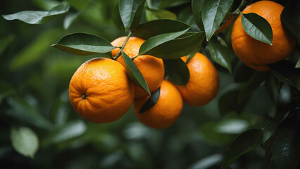 Orange fruit among green leaves background