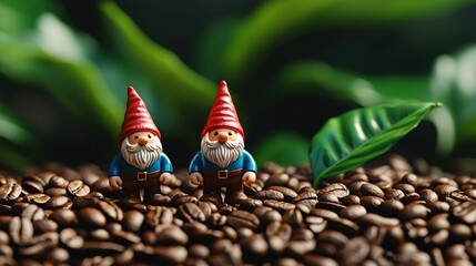 Two garden gnomes with red hats and white beards, wearing blue outfits, stand on a bed of coffee beans surrounded by lush green leaves in a natural setting.