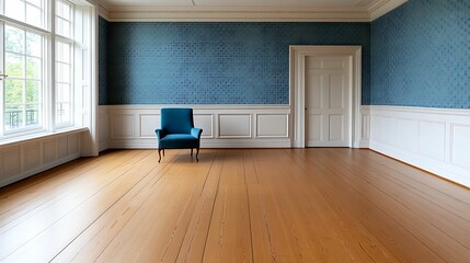 Wall Mural - A minimalist room featuring blue walls, a single chair, and hardwood flooring, creating a serene and spacious atmosphere.