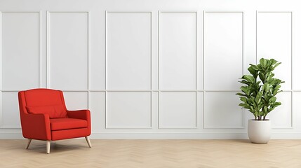 Poster - A modern interior featuring a vibrant red chair against a clean, white wall with a stylish plant nearby, creating an inviting and contemporary atmosphere.