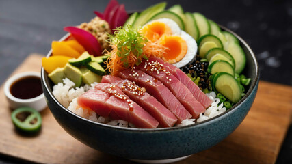 Wall Mural - Poke bowl with fresh tuna background