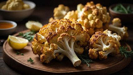 Wall Mural - Roasted cauliflower on wooden tray background