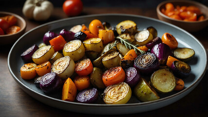 Wall Mural - Roasted vegetables on ceramic tray background