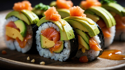 Wall Mural - Sushi rolls topped with avocado slices background