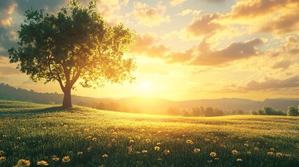 Wall Mural - A Single Tree Stands Tall in a Field of Yellow Flowers at Sunset