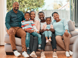 Poster - Portrait, happy black family and generations on sofa at home for love, care or people bonding together. Smile, children and African parents with grandparents on couch for connection, support or relax