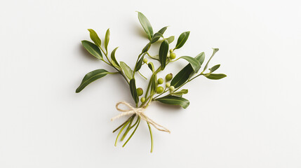 a mistletoe sprig tied with twine and holly against an isolated white background