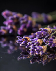 Wall Mural - a high-contrast shot of dried lavender buds placed on a glossy surface, with dramatic lighting creating reflections and highlights