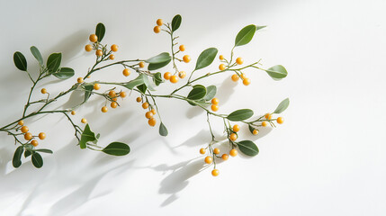 Wall Mural - a mistletoe branch with small golden berries and green leaves against an isolated white background