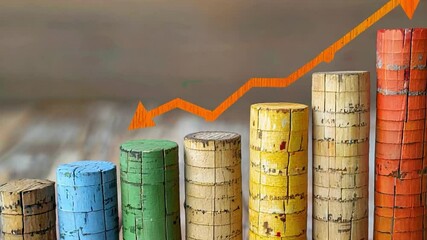 Poster - Wooden blocks in various colors are stacked in ascending order on a wooden surface, while a bright arrow points upward, symbolizing growth and progress in a creative manner.