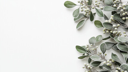 Wall Mural - a mistletoe wreath with green leaves and frosted white berries against an isolated white background