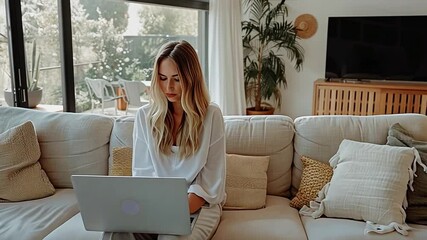 Aufkleber - The woman is focused on her laptop, seated on a cozy couch surrounded by decorative pillows and greenery in a stylish, well-lit living room.