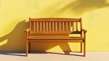 a wooden garden bench with slatted seat placed in a sunny outdoor setting against an isolated soft light yellow background